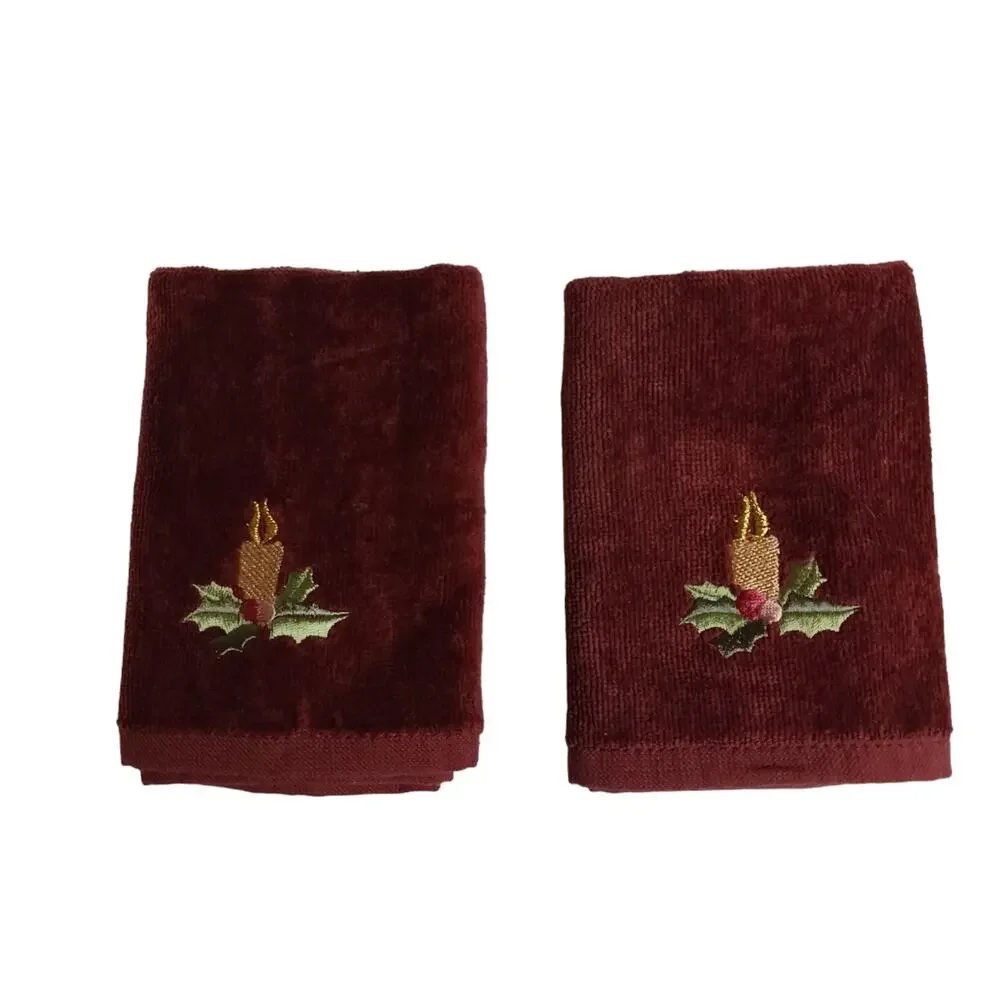 🛀🏻🍂2 Vintage Brown Holiday Washcloth Set Candle Holly Embroidered Christmas